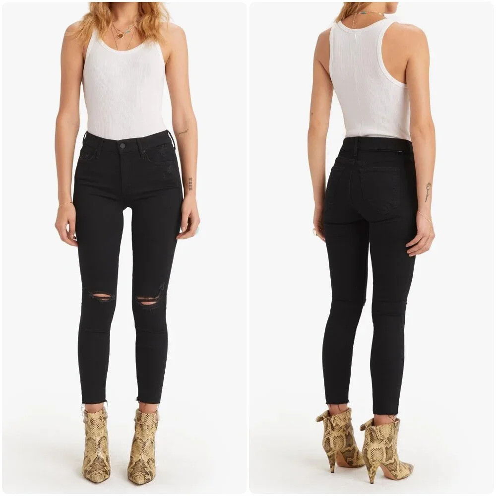 NWT Mother The Looker Ankle Fray Guilty As Sin Distressed Black Skinny Jeans 24